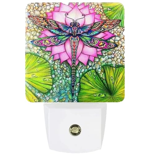 Image of Dragonfly And lotus flower Plug-in LED Night Light,Smart Auto Dusk to Dawn Sensor Nightlights Plug into Wall,White Energy Efficient Night light for Kids Bedroom,Bathroom,Kitchen,Stairs,Hallway