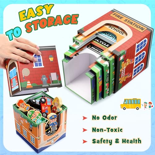 Image of Baby Stacking Toys for Toddlers, Magnetic Wooden Cars & Garage Sorting Community Helpers Preschool Educational Learning Montessori Toys Birthday Gifts for Kids Number Blocks Nesting Boxes