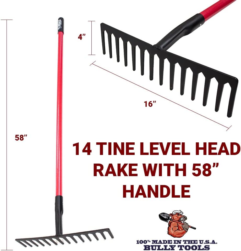 Bully Tools Level Head Rake with Fiberglass Shaft – Heavy Duty Garden Tool for Lawns, Landscaping Metal Rakes for Gardening, Yard Work, Steel Gravel Tool, Thatch Lawn Rake, Outdoor, 14 Tines (60 Inch)