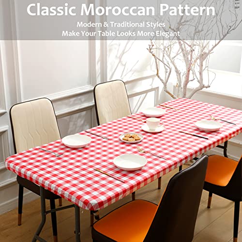 3 Pcs Fitted Tablecloth For 6 Ft Rectangle Table,Stretch Waterproof Elastic Vinyl Picnic Table Cover With Flannel Backed Lining,Outdoor Camping Tablecloth Fits 30"X72" Folding Table(Buffalo Plaid,Red) #TOP4