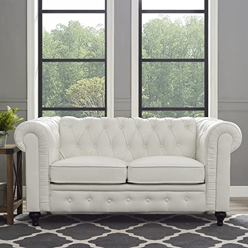 Naomi Home Emery Chesterfield Leather Loveseat, Mini Sofa Sleeper Loveseat, Small Sofa Bed With Rolled Arms, Tufted Cushions 2 Seater Sectional Small Loveseat For Small Spaces, Living Room White #TOP2