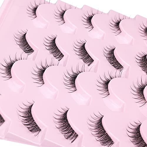 Natural Lashes Manga False Eyelashes Wispy Cat Eye Lashes Short 3/4 Lashes Clear Band Anime Half Fake Lashes Pack 10 Pairs #TOP6