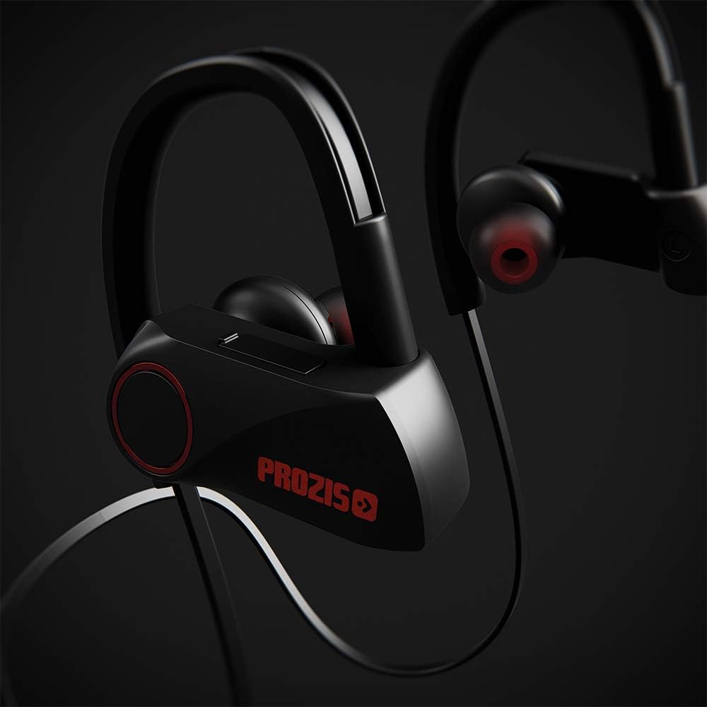 Close-up of the right earbud of Prozis Active Beats AB-1B, showing control buttons and Prozis logo