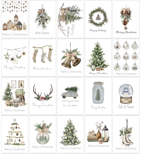 Cartões de Natal em aguarela, 20 peças cartões natalícios com 20 envelopes, A5 aberto, A6 fechado, 20 desenhos variados, kit de cartões postais de Natal para familiares, amigos e colegas