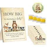 Woodland Animal Baby Shower Game Set, How Big is Mommy Belly, 36 Cards with String, Wood Frame Stand, Mom-to-Be Badge