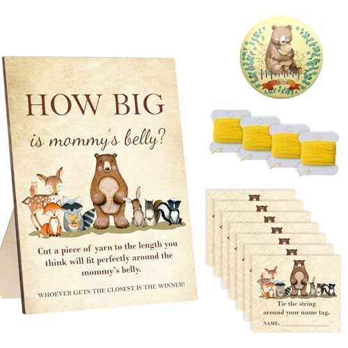 Woodland Animal Baby Shower Game Set, How Big is Mommy Belly, 36 Cards with String, Wood Frame Stand, Mom-to-Be Badge