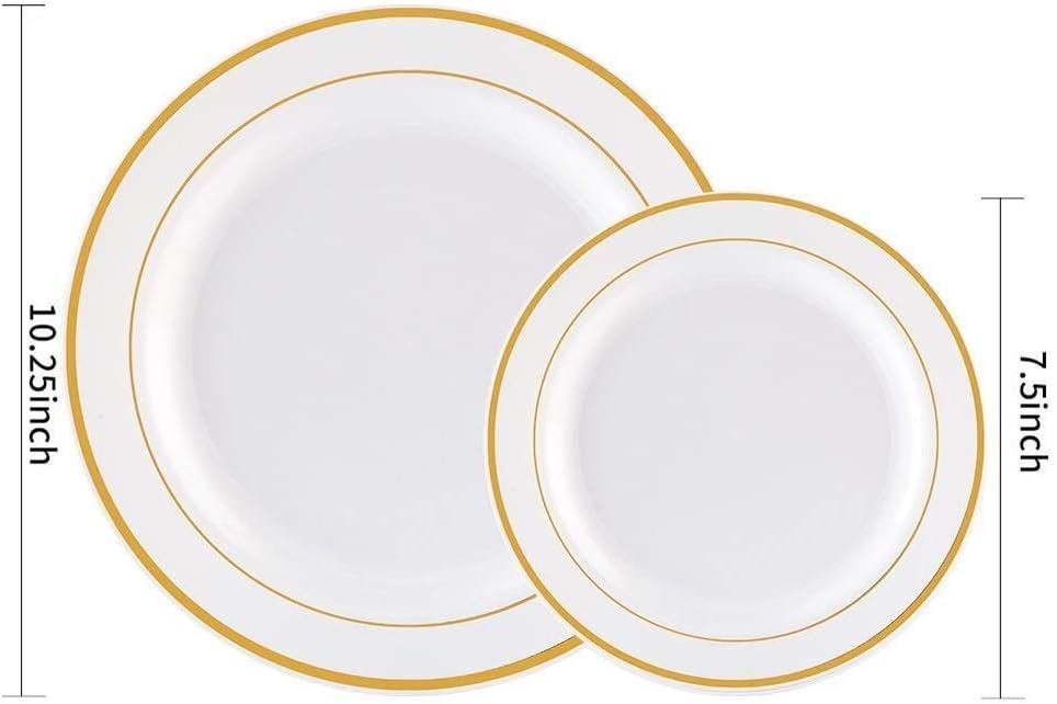 WDF60PCS Heavyweight White with Gold Rim Wedding Party Plastic Plates-180 Pieces Disposable Plastic Gold Silverware Cutlery