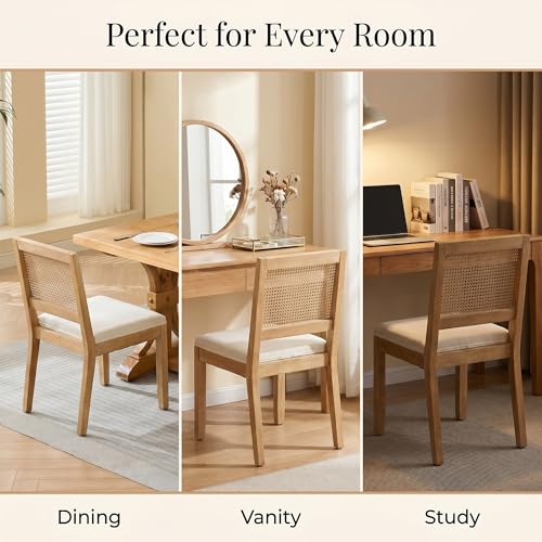 Image of STHOUYN White Rattan Dining Chairs Set of 4 Solid Wood Frame, White Upholstered Seat Kitchen Chairs for Dining Room, Mid Century Modern Farmhouse Style, Comfortable Padded with Natural Finish