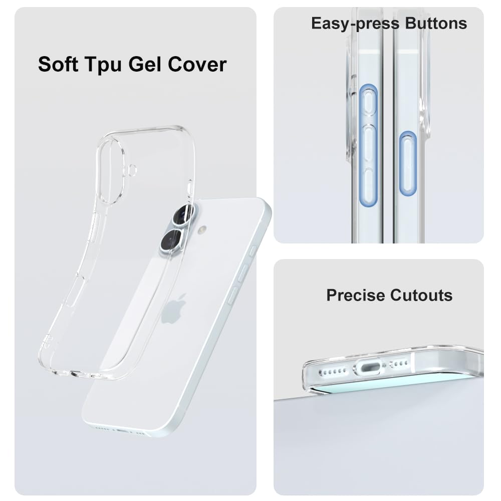 Captor Cover iPhone 16, Custodia Trasparente in Silicone Morbido, Protezione Fotocamera, Anti-Ingiallimento, Flessibile e Resistente per iPhone 16 Cover (Bordi Rialzati)