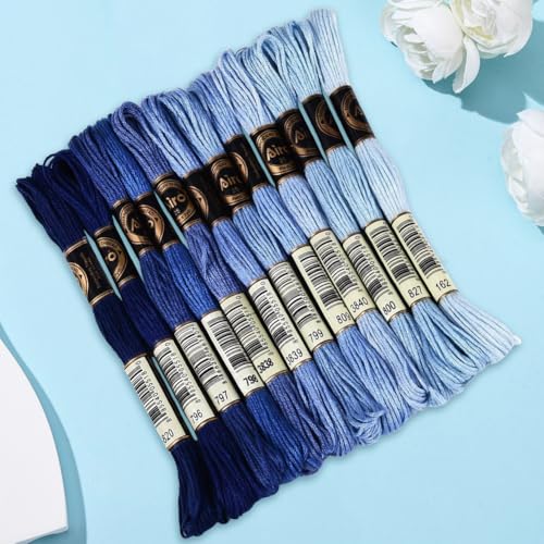 Image of 105 Yards 12 Skeins Gradient 6 Strands Marine Blue Cross Stitch Thread Polyester Variegated Embroidery Floss Friendship Bracelet String Assorted Bulk for Hand Sewing Making Knitting Supply