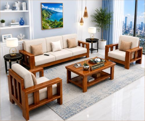 Image of Solid Sheesham Teak Wood Wooden Sofa Set 5 Seater Home Furniture Living Room | Wooden Sofa Set 3+1+1 | Sofa Set 5 Seater | 5 Seater Sofa Set, (3+1+1, Chocolate Brown Finish)