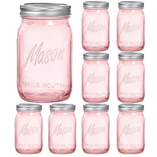SUT Wide Mouth Mason Jars 32 oz 9 Pack Quart Mason Jars With Airtight lids and Bands Pink Canning Jars 32 oz for Preserving Meal Prep Overnight Oats Fermenting Pickling