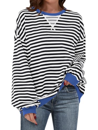 ANRABESS Women Striped Sweatshirts Oversized Crewneck Long Sleeve Shirts Y2K Pullover Top 2025 Fall Outfits Fashion Clothes Black White Large