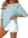 EVALESS Womens Spring Fashion 2026 Scoop Neck 3/4 Short Sleeve Crochet Tops Off Shoulder Pullover Sweaters Dressy Casual Work Shirts Bathing Suit Cover Up Womens Clothing Vacation Outfits,Blue Medium