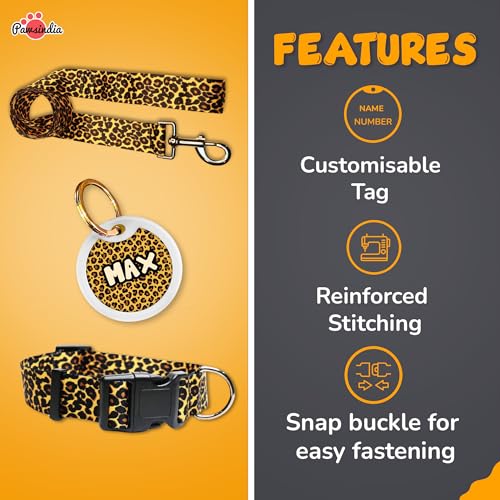 Image of Pawsindia Leash and Collar with Name Tag for Dogs, Cheetah Print with 1.5 Inches Width Adjustable Collar and 4 Feet Heavy Duty Leash with Customize Nametag
