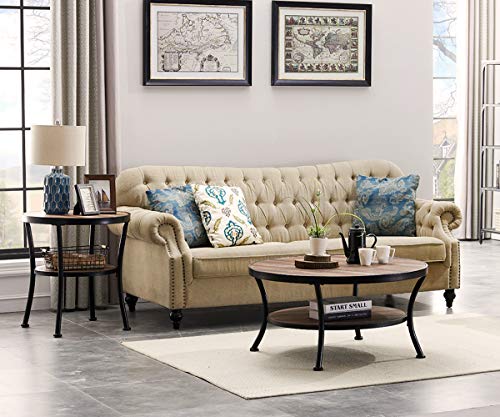 O&K Furniture Rustic Round Coffee Table For Living Room, 2 Tier Industrial Cocktail Table With Open Shelving, Vintage Brown Finish,1-Pc #TOP6