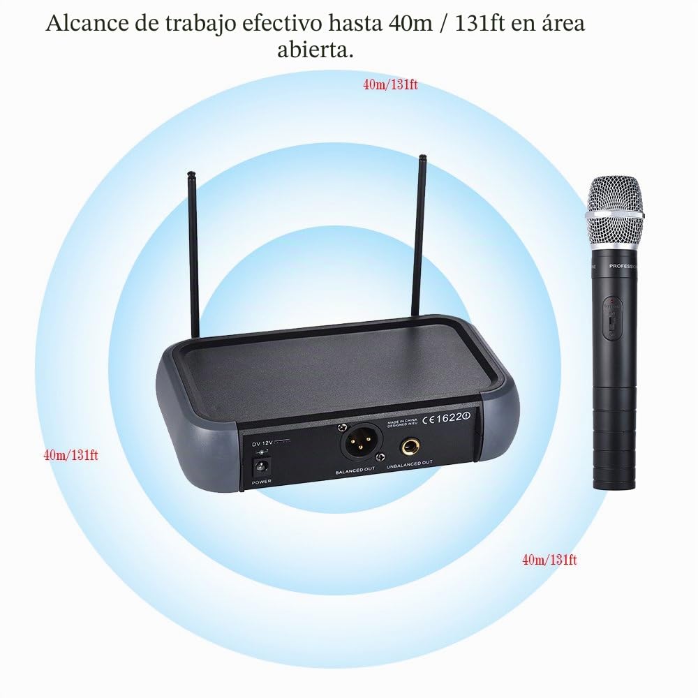 Micrófono de Mano Inalámbrico VHF de Doble Canal con Función Eco 2 Micrófonos y 1 Receptor 210-280MHz Distancia de Trabajo 40 Metros Cable de Audio de 6,35 Mm para Karaoke Fiesta Familiar