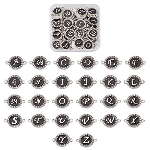 Craftdady 52 unids Negro Esmalte Rhinestone Alfabeto Enlaces Crystal Clear Flat Round A-Z Letter Pendant Conectores con 2 lazos para joyería pulsera Cover