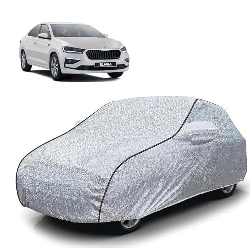 Image of Sulfar 100% Waterproof Car Body Cover Compatible with Mirror for Skoda Slavia (Triple Stitched, Full Bottom Elastic, Magic Silver with Black Piping)