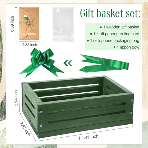 Image of Wonderjune Wooden Baskets for Back to School Gifts Empty Wood Basket with Cellophane Bag Ribbon Greeting Card for Birthday Baby Shower Wedding Housewarming Gifts Packaging(Green,Small)