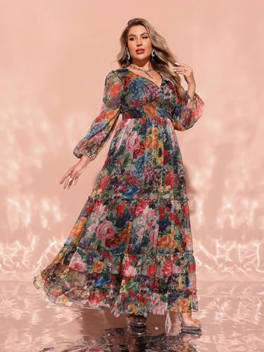 Image of Spring Summer 2024 Plus Size Womens Dresses V Neck Casual Elegant Long Sleeve Floral Print Maxi Dress