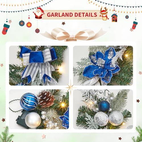 GarveeHome 6ft Christmas Garland with 20 LED Lights, Prelit Xmas Garland for Mantle with Timer Blue Silver Balls, 8 Lighting Modes, for Indoor Outdoor Fireplace Stairs Railing Decorations
