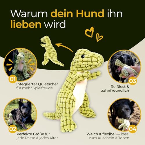 Hundpur Plüschtier Dino Grün - Kuscheltier für Hunde - mit Quietscher - Hundespielzeug - Langlebig & Reißfest - für alle Rassen & Größen