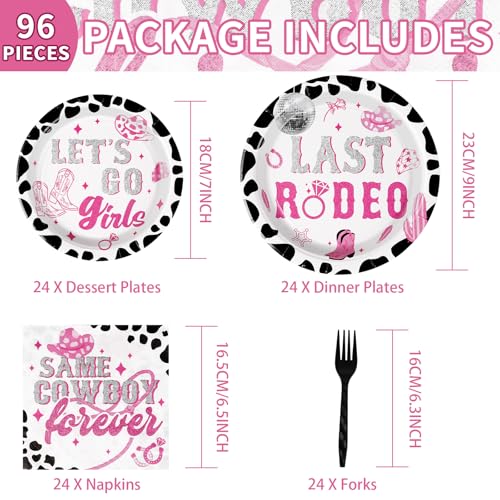 Image of Grencian 96Pcs Last Rodeo Bachelorette Party Decorations,Serves 24 | Pink Silver Disco Cowgirl Plates Napkins Let's Go Girls Tableware Set for Nashville Western Bridal Baby Shower Bday Supplies
