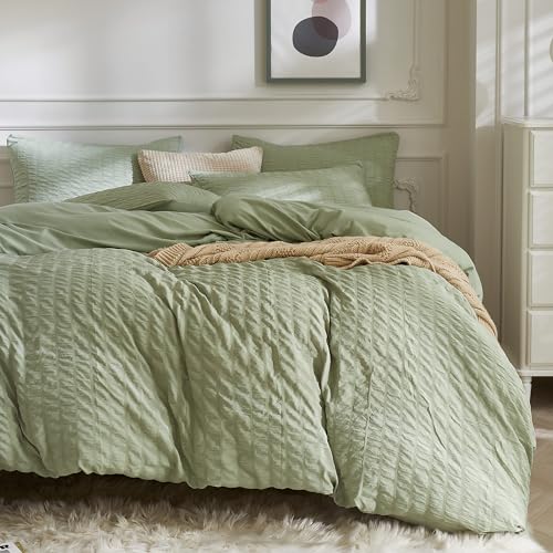 Image of JELLYMONI Light Green Duvet Cover Twin Size, 3pcs Washed Microfiber Bedding Set for Kids, Soft Breathable Seersucker Duvet Cover Set with Zipper Closure and Corner Ties for All Seasons