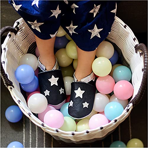 Mejale Soft Sole Leather Baby Crib Shoes Infant Toddler Prewalkers Moccasins 0-3 Years (6-7 US Infants/12-18 Mo./5.5 in, Black, Silver Stars)