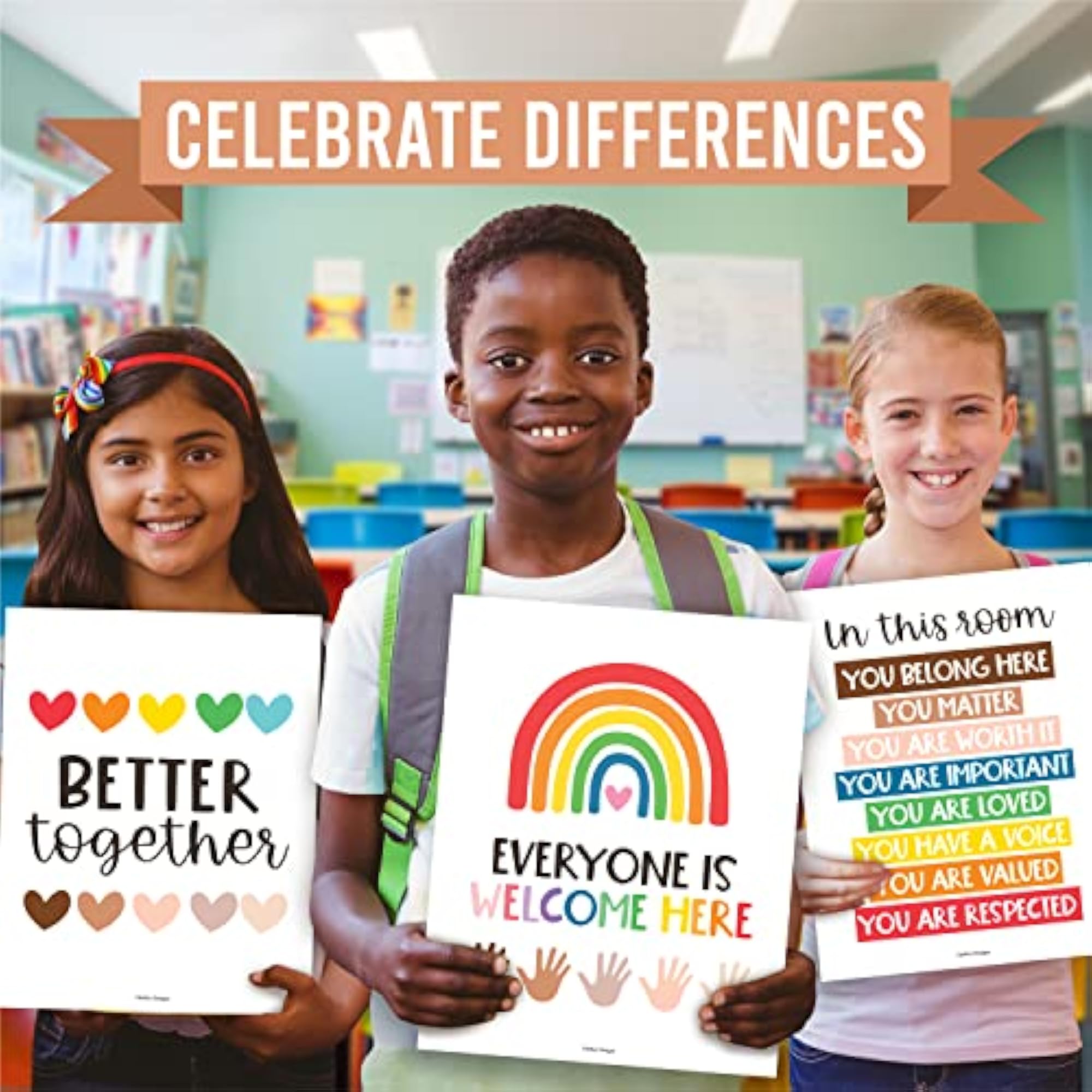 Set of 6 Rainbow Diversity Posters for Classroom Decor