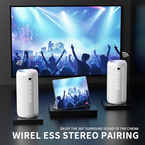 Image of Ortizan Portable Bluetooth Speaker: IPX7 Waterproof, 24W Loud Sound, Deep Bass, Bluetooth 5.3, LED Lights, Wireless Stereo Pairing, 30H Playtime, for Home /Outdoor /Party /Beach, Birthday Gift (White)
