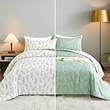 SeaRoomy King Comforter Set, 3 Pieces Cute Plant Floral Printed Bedding Comforter Set for Women - Sage Green & White Soft Reversible Botanical Flowers Comforter Bed Sets with 2 Pillowcase
