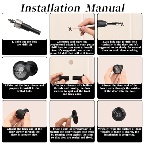 Türspion mit Sichtschutz 200° Weitwinkel Optische Glaslinsen Bohrloch Ø 16mm Messing Spion mit Bohrer Einstellbare Länge Türspion aus Messing für 35-60mm Dicke Türen (Schwarz)
