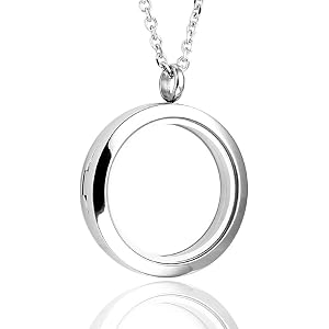 Zysta Silver Round Locket Pendant Necklace 30mm Glossy Stainless Steel Clear Glass Living Memory Floating Charms Stone Storage