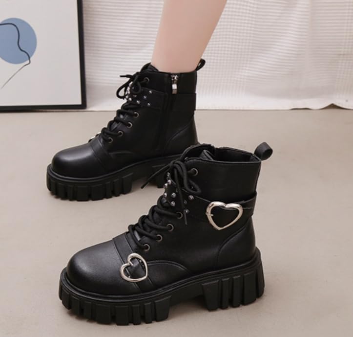Women's Lace Up Chunky Casual Ankle Combat Boots with Heart Buckle Side Zipper Non-Slip Waterproof Goth Punk Platform Boots - Image 3