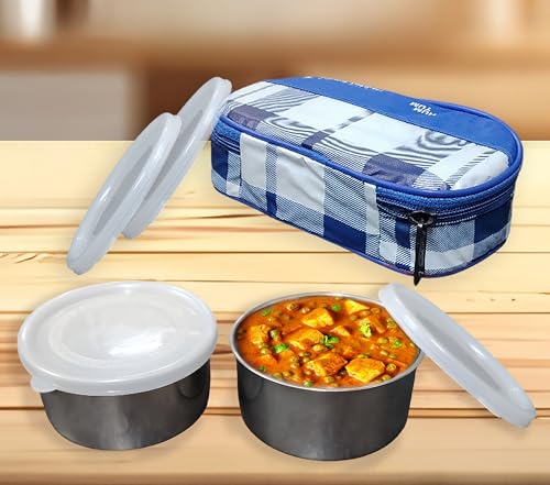 Image of Taxton Stainless Steel Lunch Box with 2 Containers and Insulated Carry Bag, Checkered Pattern, Plastic Lid (Blue)