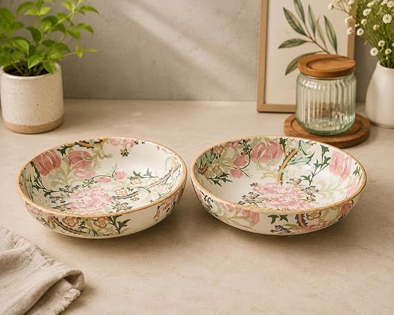 Image of Niyara Stoneware Handmade Ceramic Stylish Premium Serving Bowls /Salad Tray Microwave Dishwasher Safe (Premium Floral Print Bowl Set of 2)