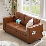 TYBOATLE 65' Brown Faux Leather Sofa Couches for Living Room, Mid-Century Modern Tufted Comfy Loveseat w/USB Charging Ports and Wide Arms, 2 Seater Office Small Couch for Small Space Bedroom