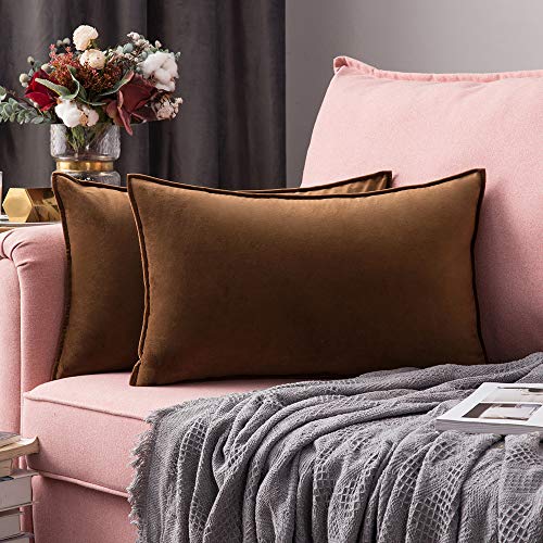 MIULEE Brown Velvet Lumbar Throw Pillow Covers 12x20 Soft Decorative Solid Square Cushion Cases Pack of 2 Modern Luxury Home Decor for Couch, Sofa, Bedroom