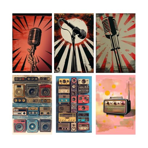 Image of SiddArtify Retro Music Art Print Set - Vintage Microphones and Radios - 300GSM Board - 12x18 Inch - Pack of 6 Wall Room Decoration art Poster Prints
