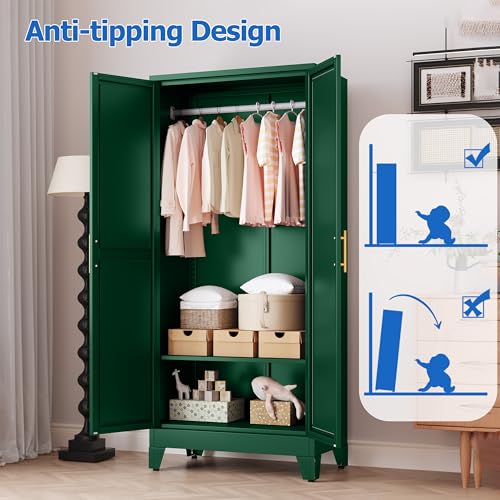 Image of GAIOUS Metal Wardrobe Cabinet with Mirror and Hanging Rod, 71 inch Green