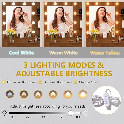 Image of Vanity Desk with Mirror and Lights, Makeup Vanity Table Set with 5 Storage Drawers, Power Outlet & Chair, Small Dressing Table with RGB Ambient Light, Adjustable Brightness for Girls Bedroom, Walnut