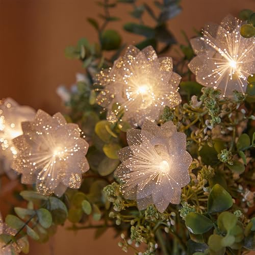 Ghirlanda luminosa a forma di fiore in fibra ottica, 2 m, 10 LED, a batteria, per camera da letto, interni, giardino, matrimonio, festa di compleanno, San Valentino, decorazione (bianco caldo)