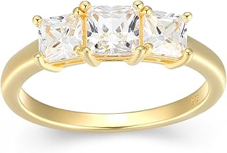 925 Sterling Silver Platinum or Yellow Gold Plated Princess-Cut Cubic Zirconia 3-Stone Engagement Rings for Women - Classic Sparkling Square-Cut Anniversary Sterling Silver Rings Women