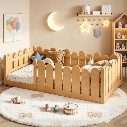 Image of Bellemave Twin Size Kids Montessori Floor Bed,Floor Bed Frame with Rounded Safety Guardrail,Solid Wood Montessori Bed for Girls Boys,Natural