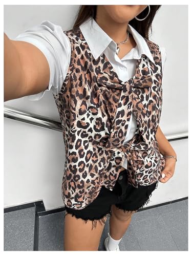 OYOANGLE Women's Plus Size Leopard Print Bow Tie Front Vest Tank Tops Sleeveless Open Front Cardigans Waistcoats3
