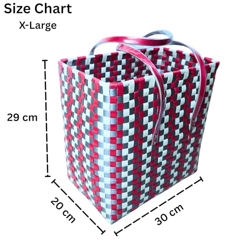Image of Hand Made Multipurpose Plastic Basket with Lid | Eco-Friendly, Washable, Rust-Free Storage Basket for Kitchen, Picnic, Toys, Travel, Office | Lightweight basket (Grey with Red, XL)