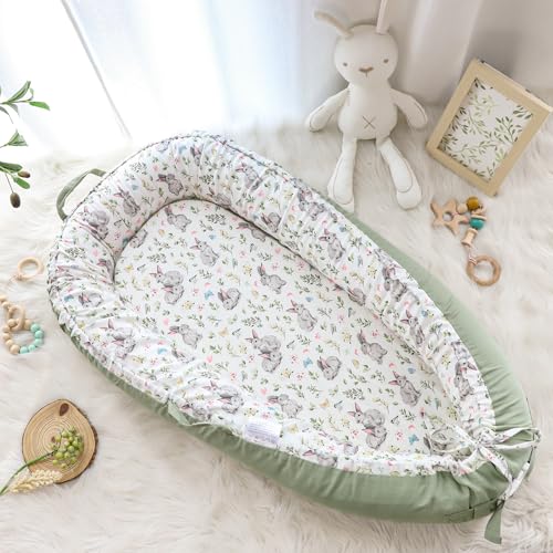 Image of Baby Lounger Cover for Boys Girls, Reversible Baby Nest Cover, Adjustable Baby Lounger Replaceable Cover for Infant Newborn, Portable and Machine Washable, Cotton Green Rabbit Cover