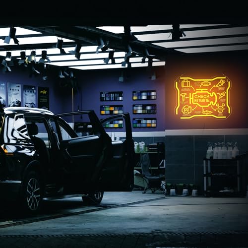 Image of Check Engine Light Neon Sign, Check Engine Light Commen Causes Issues List Decor for Man Cave Decor, LED Garage Wall Art, Funny Gifts for Car Guys & Dad, Auto Repair Shop Mechanics Workshop Sign, USB Powered,16.5x12.5in Inch